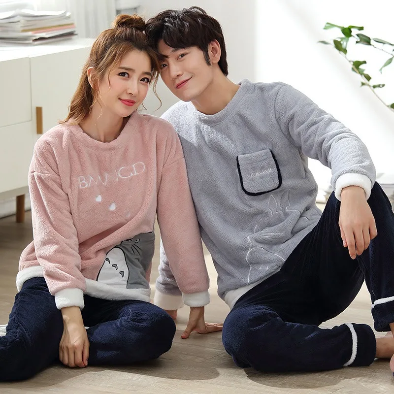 

JINUO New Arrival New Winter Young Couples Flannel Pajama Sets Lovers Cartoon Wind Casual Indoor Warm Soft Home Wear Sleepwear