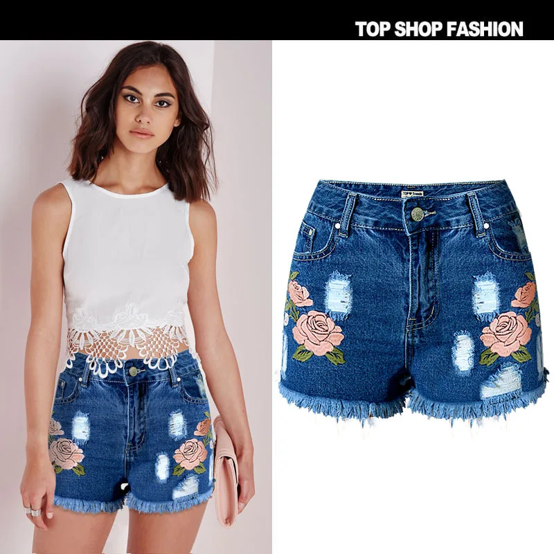 Women Summer Flower Embroidery Cotton Denim Shorts 2017 plus size casual female waist Jeans Shorts