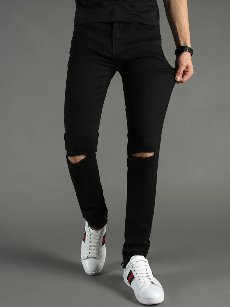 Fashion Streetwear Men's Jeans Black Color Elastic Skinny Jeans hombre Ankle Zipper Ripped Jeans For Men Hip Hop Pants homme