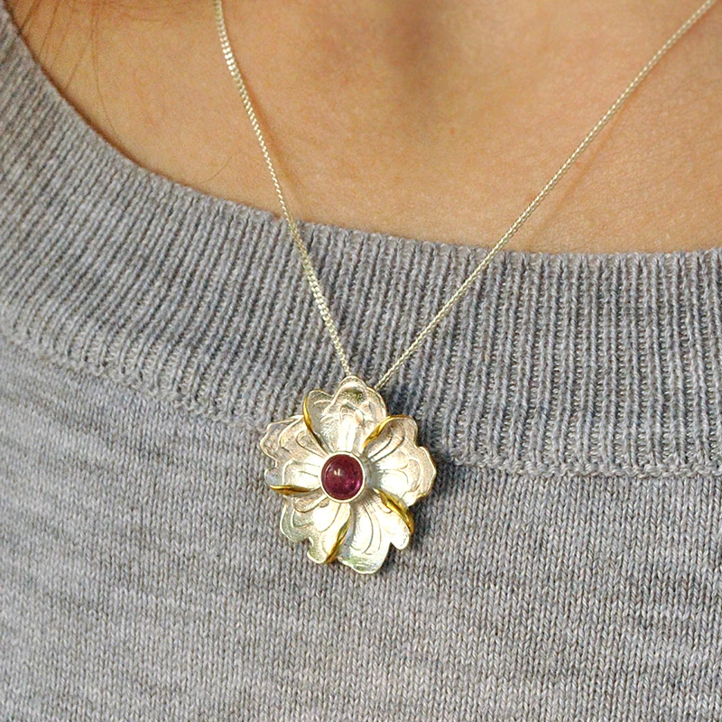 Lotus Fun Real 925 Sterling Silver Natural Tourmaline Handmade Fine Jewelry Peony Flower Pendant without Necklace for Women