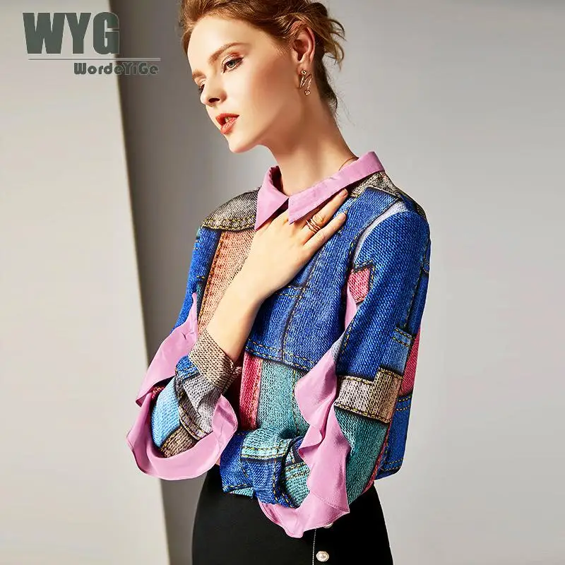 Rüschen Regenbogen Bluse Photo unten As Seide Blusen Drehen Langarm Größe Vintage 2019 Einzigartige Shirts Frühling Rose Xxl Farbe Große Designer tdhCsQr