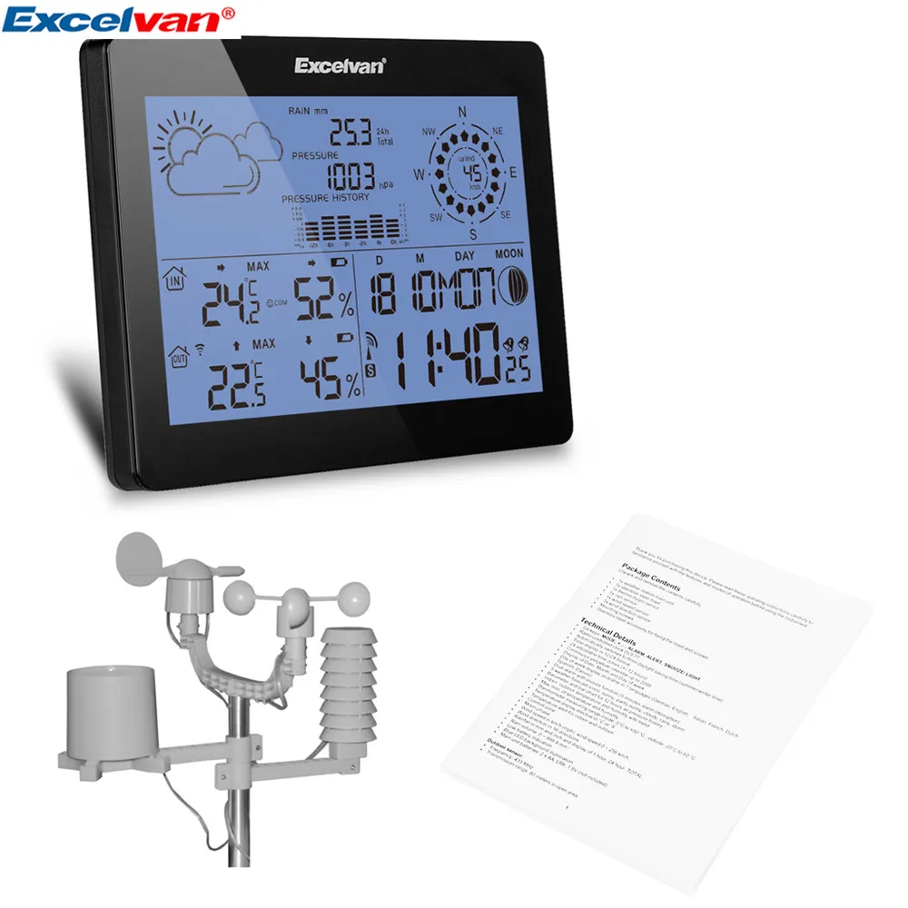 EXCELVAN Wireless Weather Station With Forecast Temperature Wind Speed & Rain Humidity Barometer Moon Phase Alarm Clock05