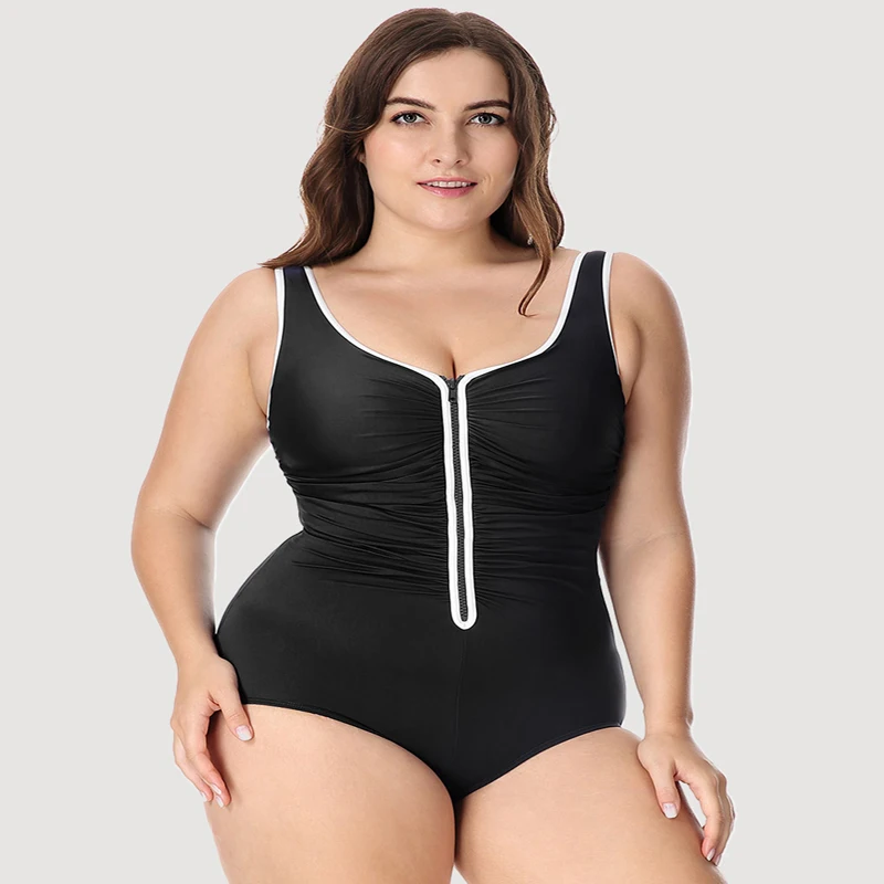 Womens One Piece Plus Size Zipper Swimsuit Solid Color Quick Dry Beachwear Bathing Suit Sexy Ruched High Waist Black Swimwear