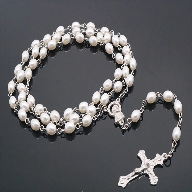 Cross Necklace Religious Simulation Pearl 8mm White Rosary Catholic