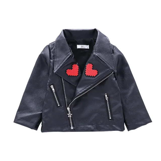 Spring Kids Jacket PU Leather Heart Embroidery Girls Jackets Children