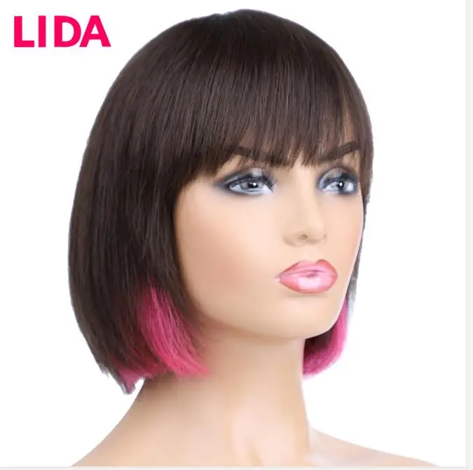 LIDA Human Hair Wigs Fashion Straight BOB Wig for Girls Brazilian Non Remy 150% Density Short Wigs Hand Made Top Part - Цвет волос: PF 2 PINK