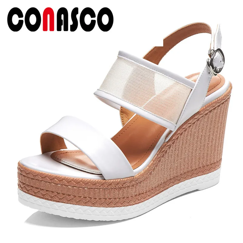

CONASCO Summer New Fashion Concise Genuine Leather Mesh Women Sandals Solid Sweet Wedges Buckle Platforms Casual Shoes Woman