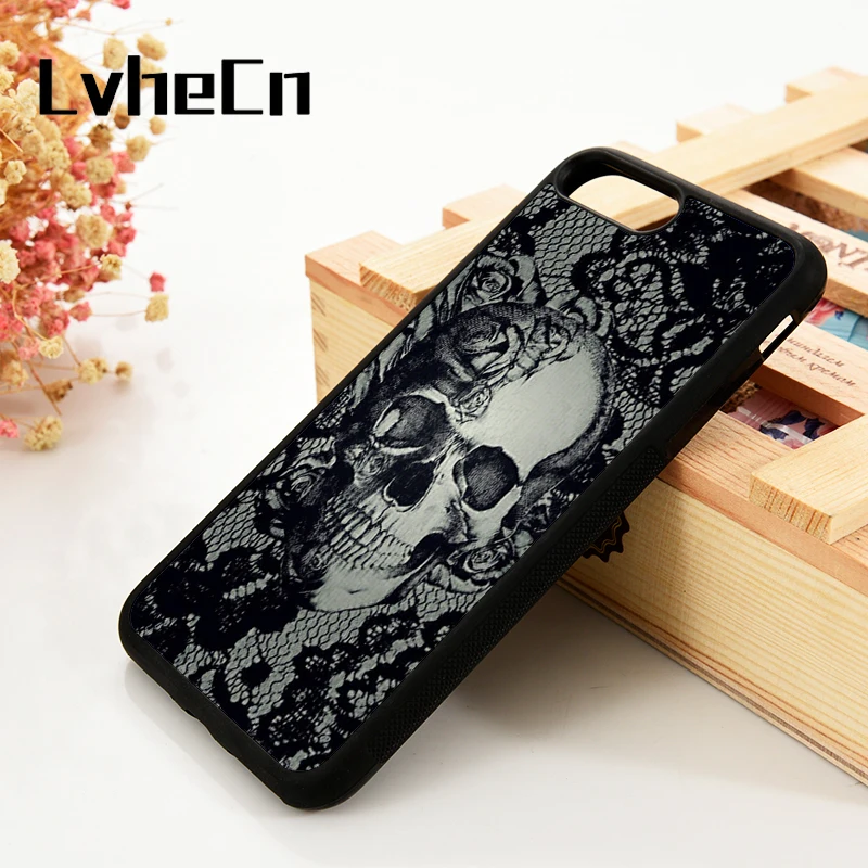 

LvheCn 5 5S SE 6 6S Phone Cover Cases For iPhone 7 8 PLUS X Xs Max XR Soft Silicone Rubber Skull & Black Lace