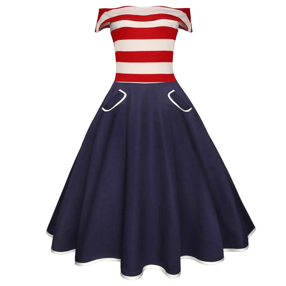 

Joineles Stripe Patchwork Women Retro Dress Slash Neck Short Sleeves Summer Vintage Dress 60s Audrey Hepburn Rockabilly Vestidos