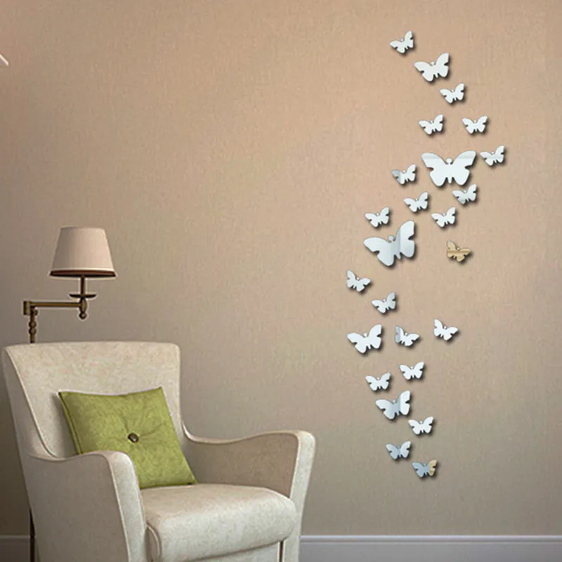 QT-0046 New 30pcs Decorative Vinyl 3d Butterfly Wall Decor Poster Vintage Wallpaper Mirror Wall