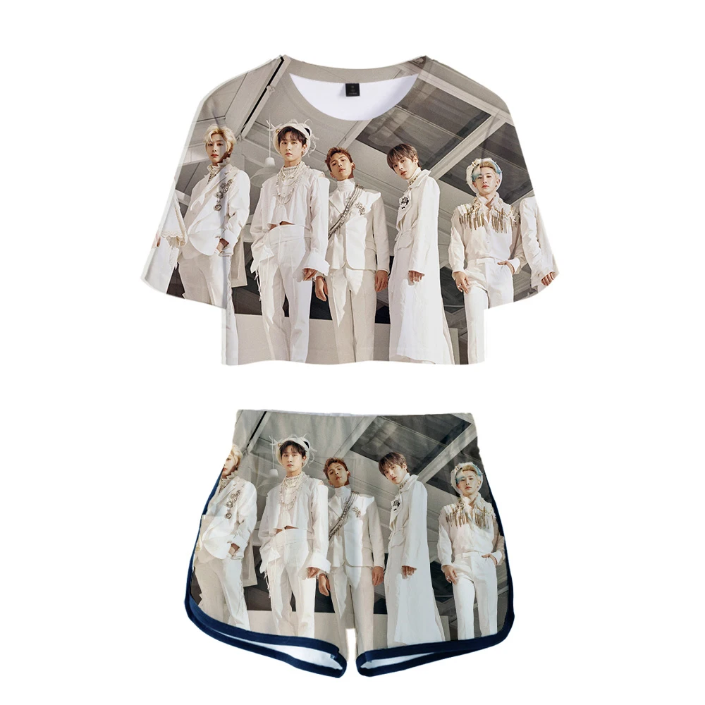 Женский комплект с принтом Monsta X летний круглым вырезом и короткими рукавами XXS