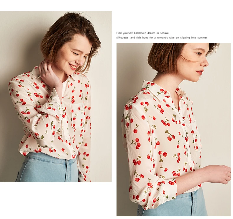 Натуральный шелк блузка печати вишня рубашка шифон blusas женские офисные Высокого Качества Негабаритных взлетно-посадочной полосы блузка рубашка новая