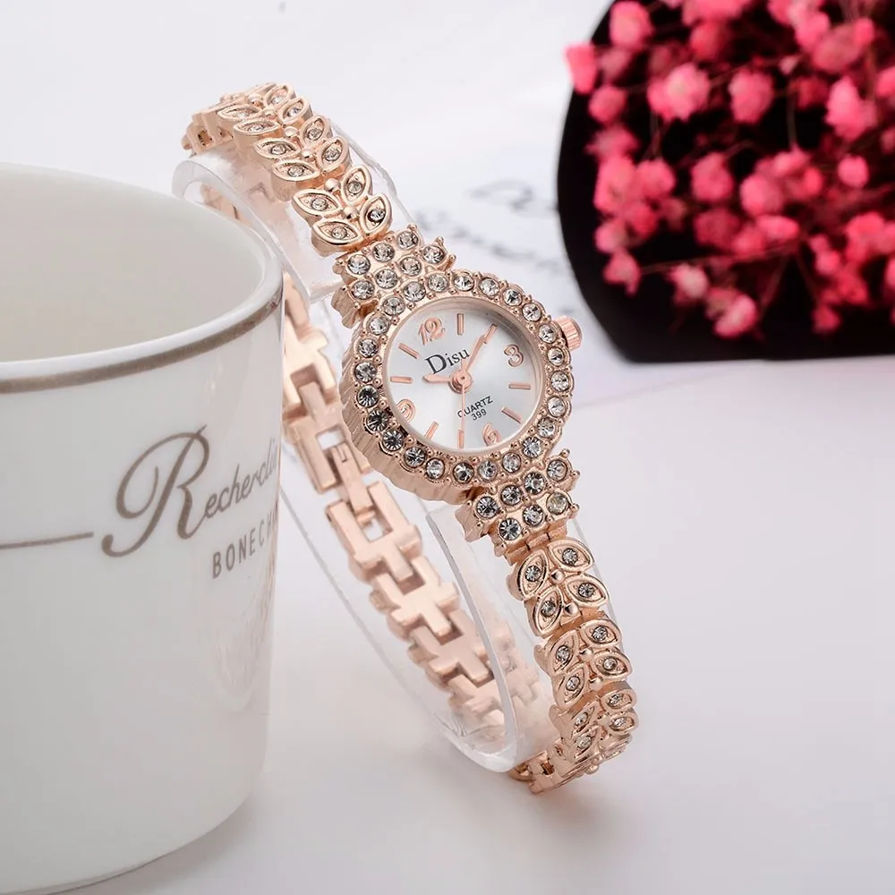 Rose Gold Plated Women's Elegant Rhinestone Bracelet Quartz Watch
