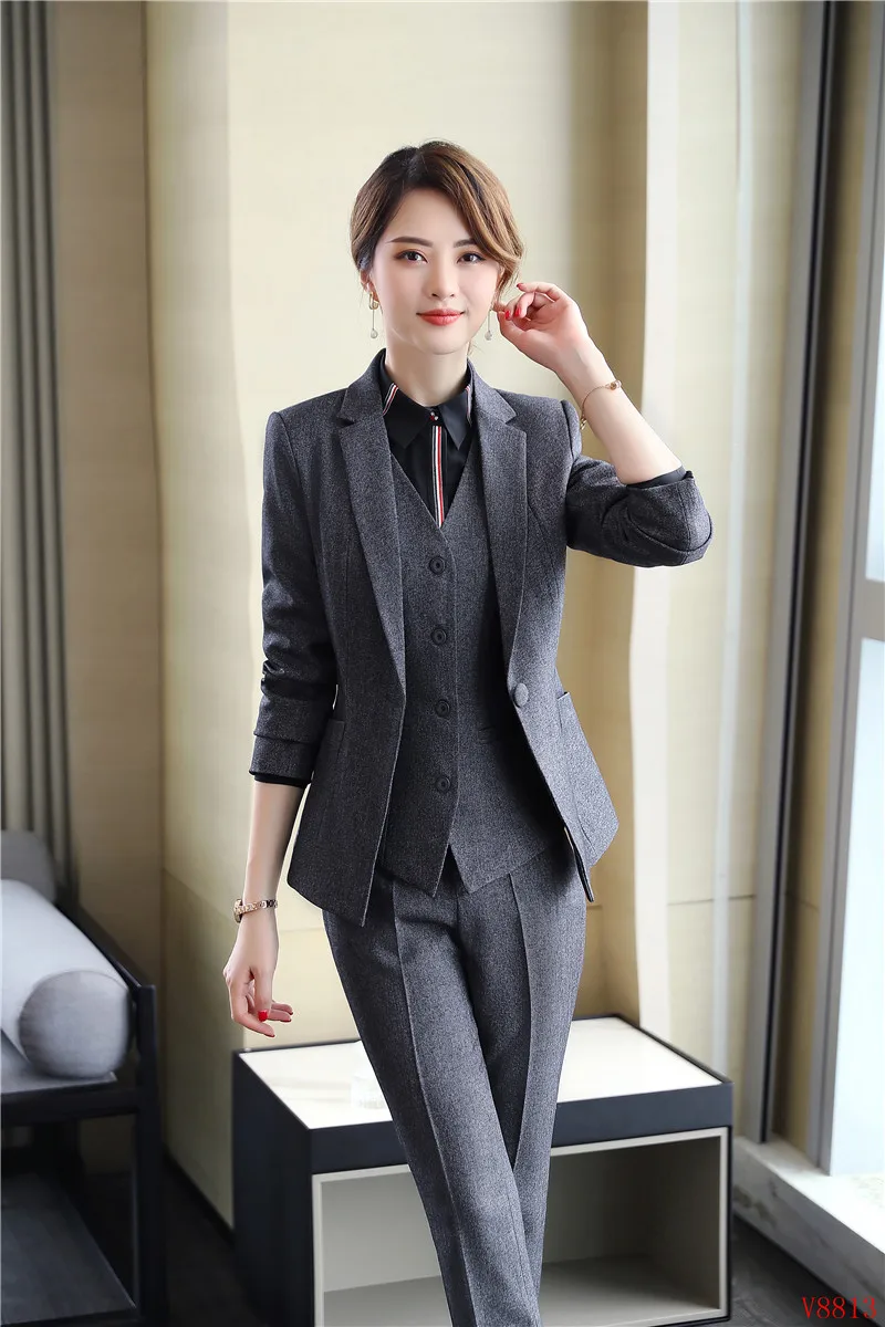 Формальные Дамы Серый Блейзер женские деловые костюмы 3 шт жилет, брюки и куртка наборы рабочая одежда офисная форма стиль