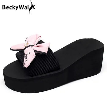 

BeckyWalk Summer Bowknot Women Sandals Slides High Heels Casual Beach Shoes Woman Wedge Sandal Slippers Plus Size 41 42 WSH2664