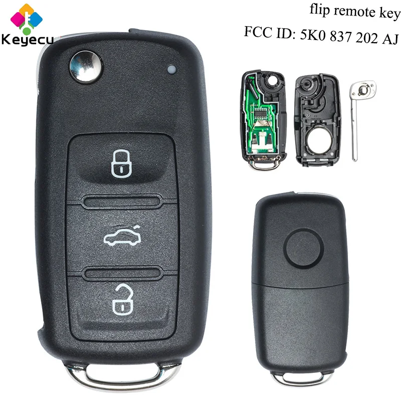 

KEYECU Flip Remote Control Car Key - 3 Buttons & 434MHz & ID48 Chip - FOB for Volkswagen Golf Beetle Polo FCC ID: 5K0 837 202 AJ