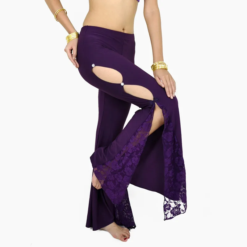 Belly Dance Pants Lady Side slit Lace Practice Senior Crystal Cotton Belly Dance Long Flared Trouser Professional Dance Wear