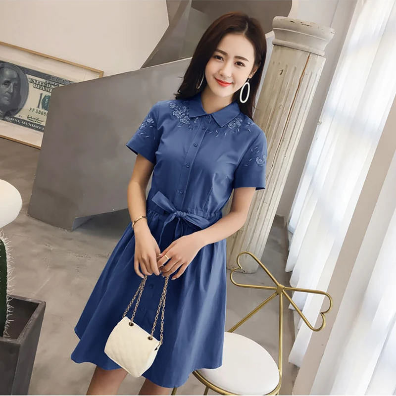 

Women Short sleeve embroidery denim blue dress,short dress