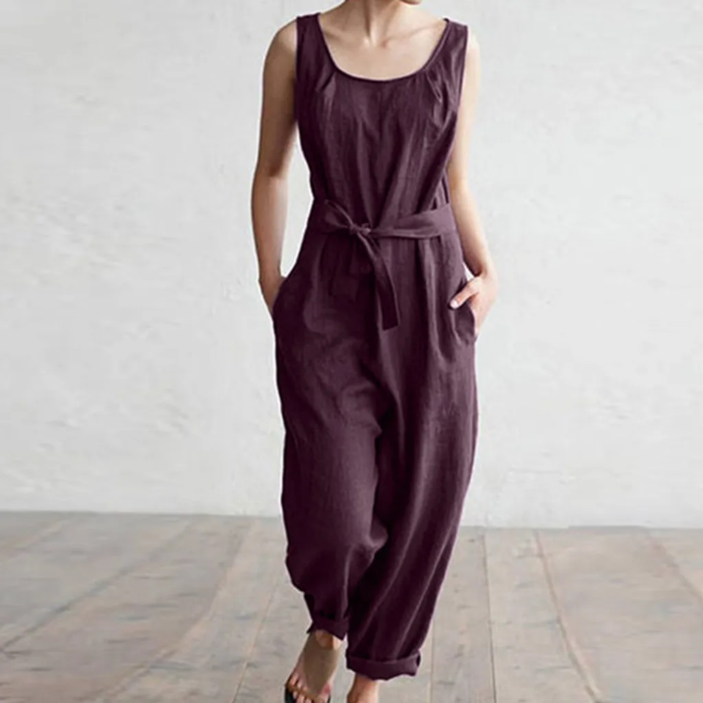 Women's loose casual jumpsuit Women Solid Linen Sleeveless Rompers
