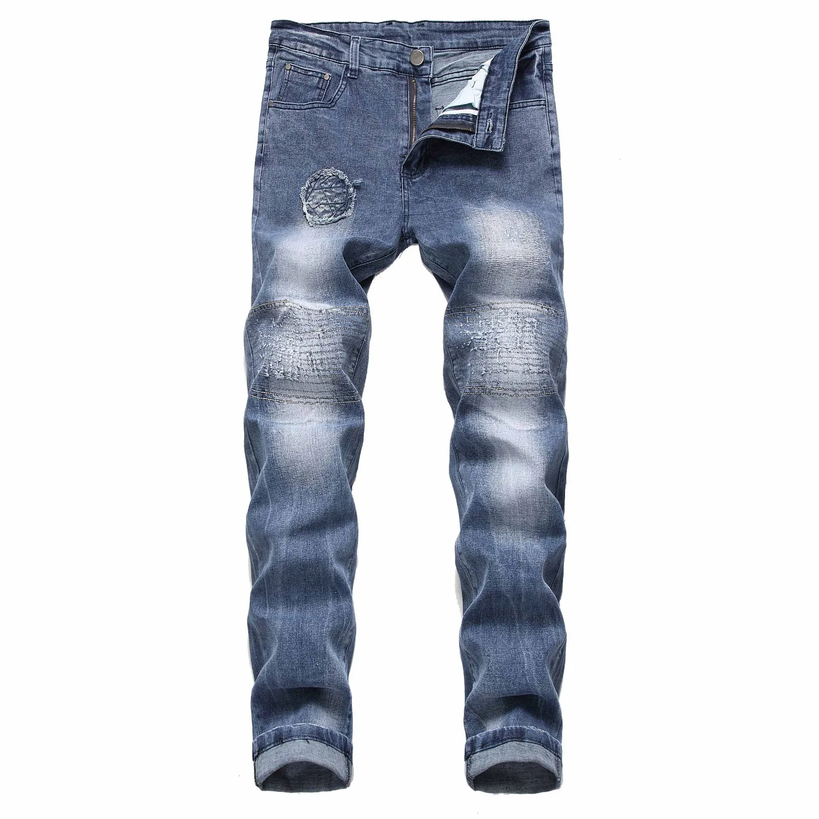 2018 Simple Casual Jeans Hole Fold Striped Pants Men's Stretchy Ripped ...