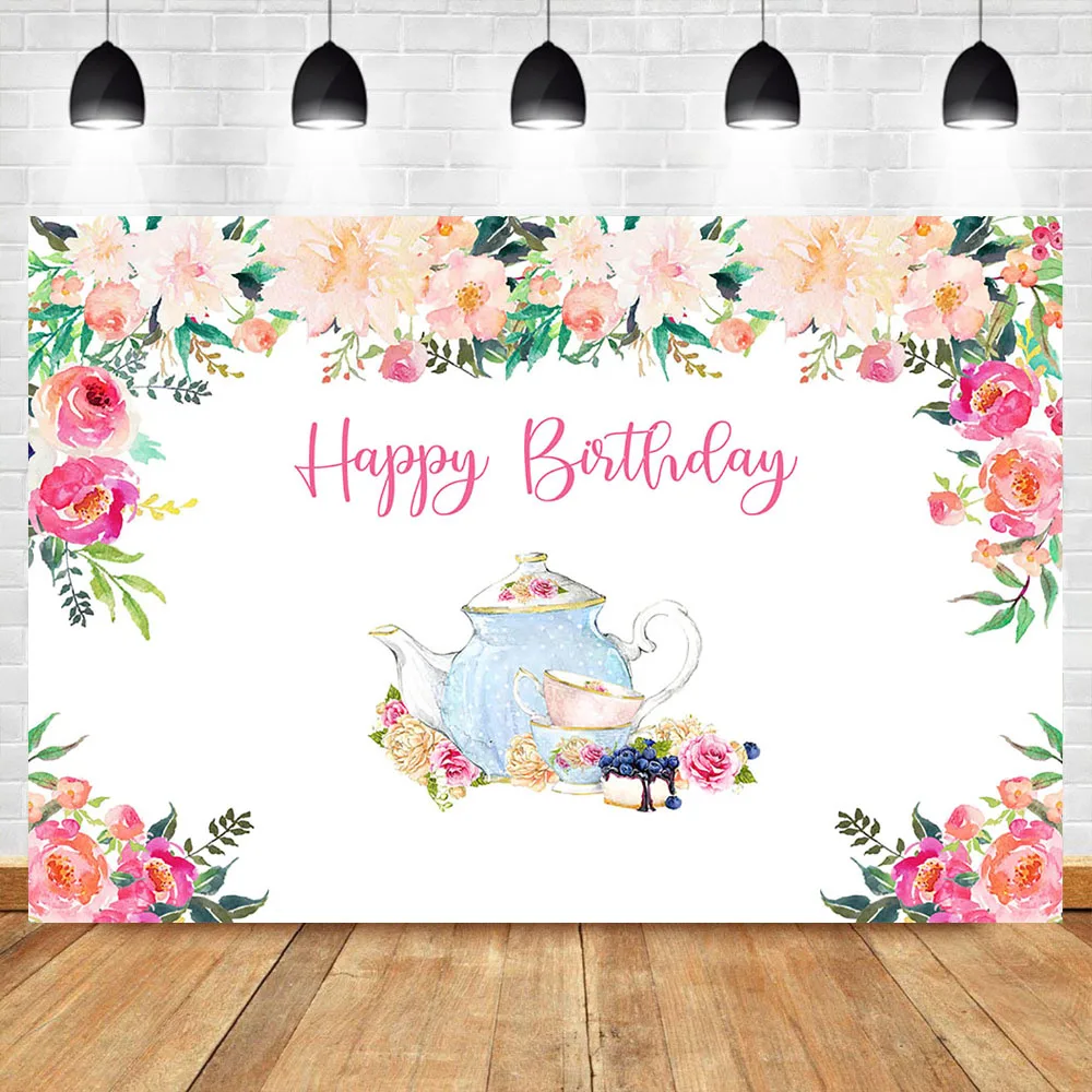 

NeoBack Happy Birthday Photography Backdrops Watercolor Flowers Tea Party Birthday Photo Background Tea Set Floral Backdrop