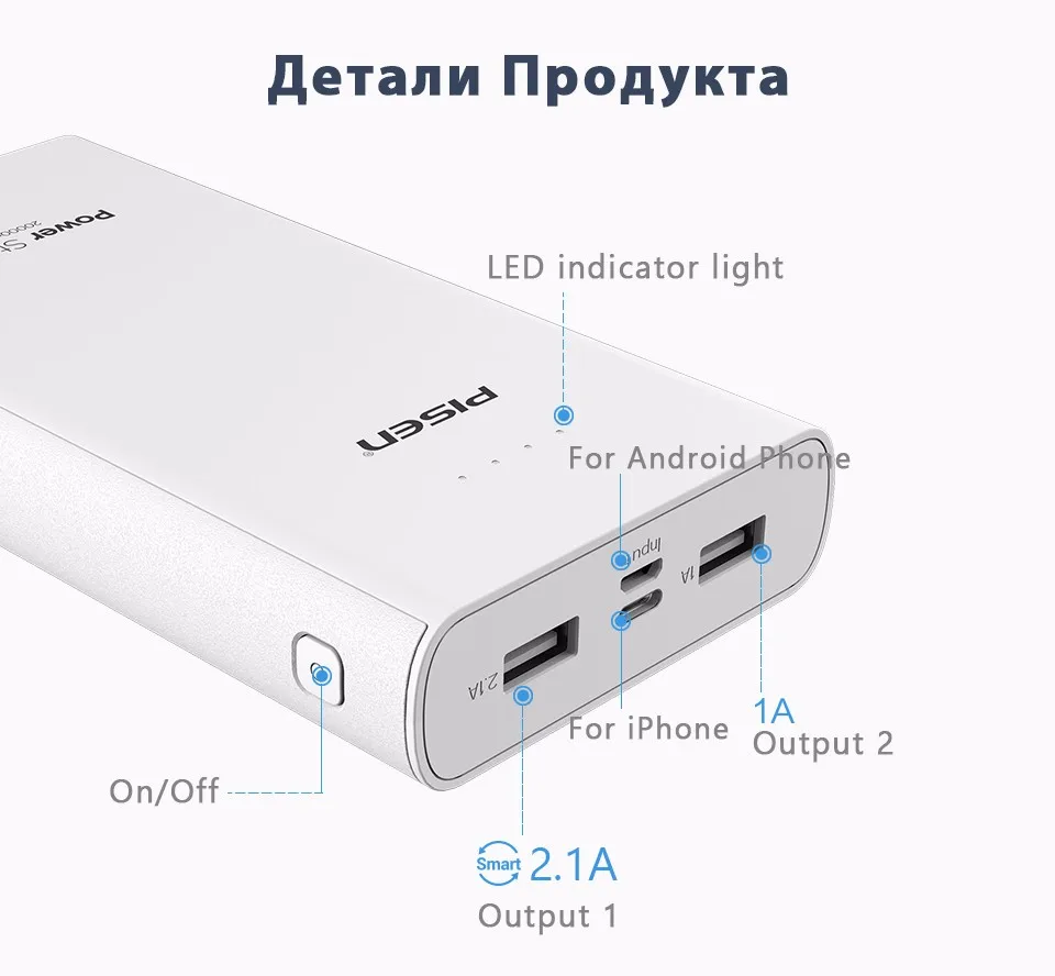 Pisen LED повер банк внешний Аккумулятор для телефонов 2.1a быстрой зарядки Dual USB Выходы двойной Вход Micro Тип USB-C Вход внешний Батарея Портативный Мощность банк