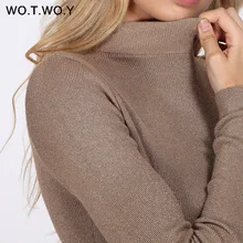 WOTWOY Блестящий свитер с воротником-хомутом и люрексом, Женский пуловер, вязаный тонкий зимний кашемировый свитер, женские джемперы, базовый черный, розовый