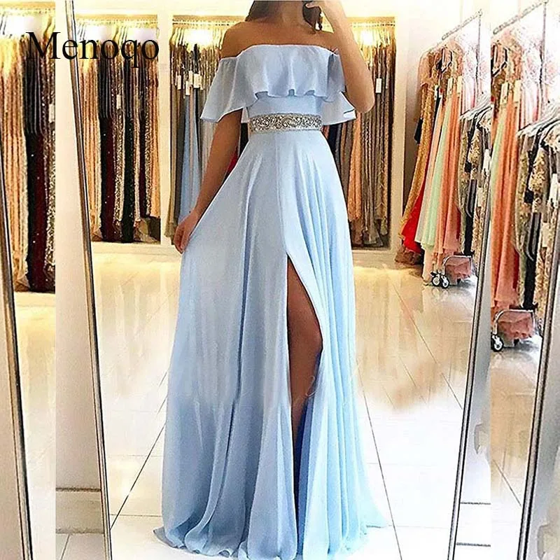 off the shoulder light blue prom dress