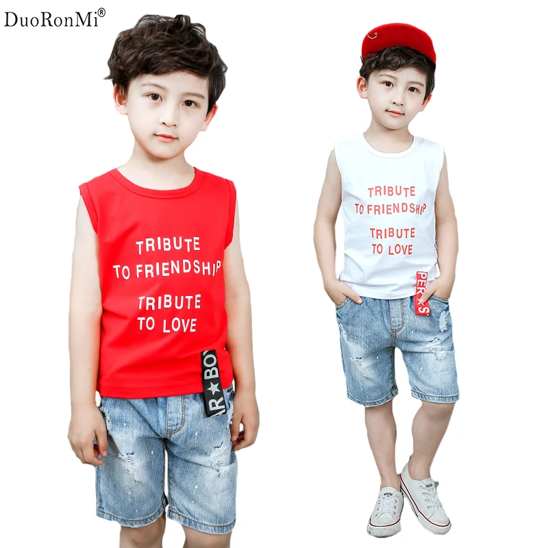 

DuoRonMi Summer Casual Boys Girls Clothing Set Letter Vest Clothes + Jeans Pants Children Suit Baby Outfits Kids Clothes