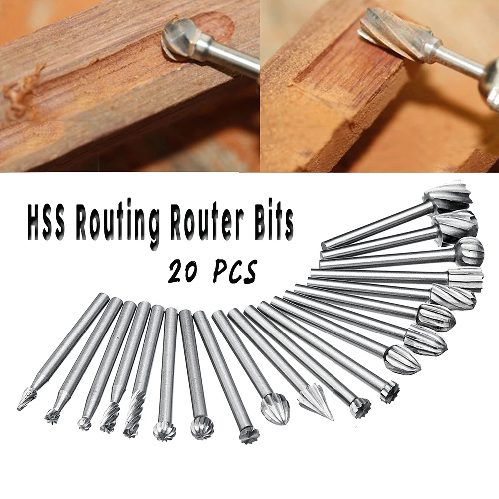 

20x HSS Tungsten Carbide Router Bits Wood Cutter Milling for Rotary Tool Point Burr Die Grinder Carving Bit