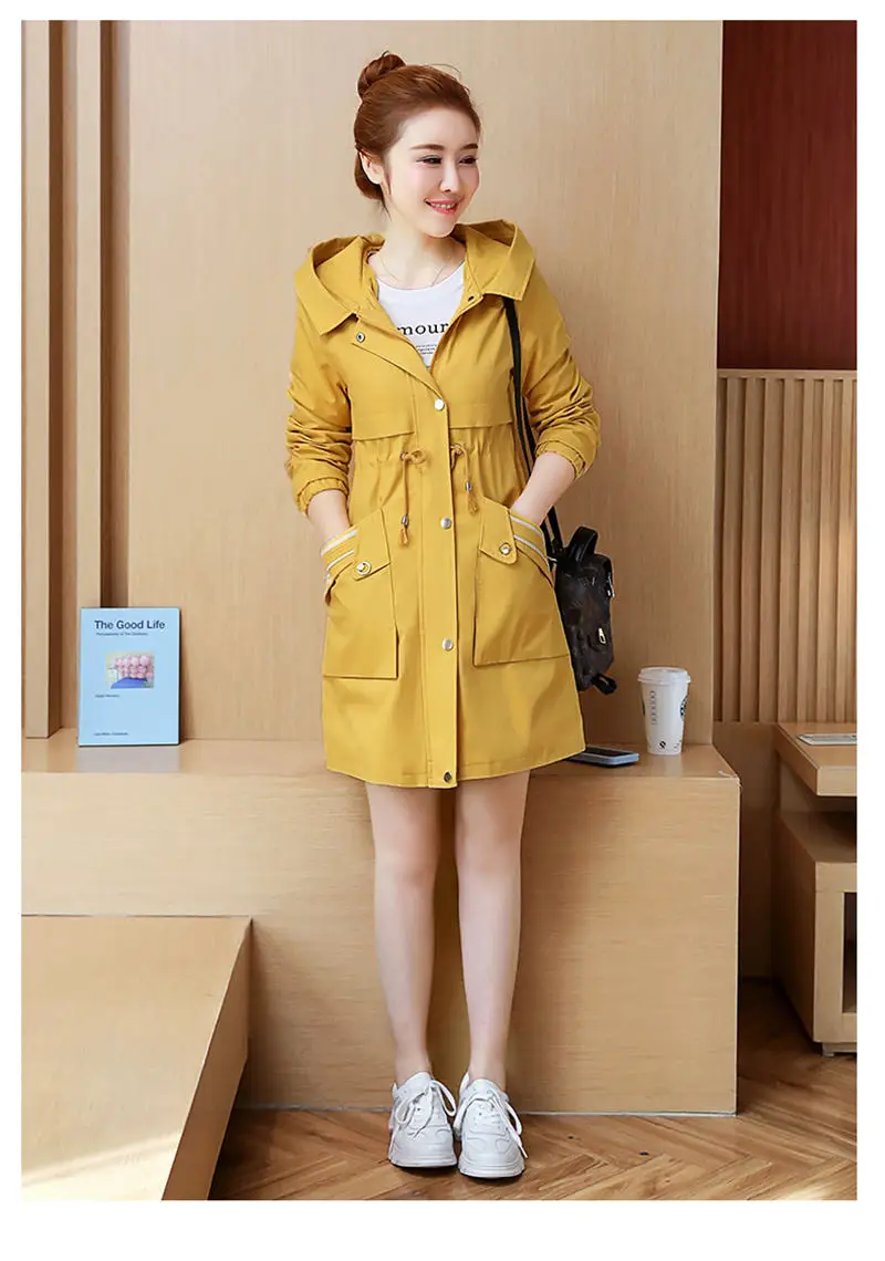 Повседневное с капюшоном длинный плащ пальто Для женщин Демисезонный размера плюс карман на молнии ветровка Женское пальто X519