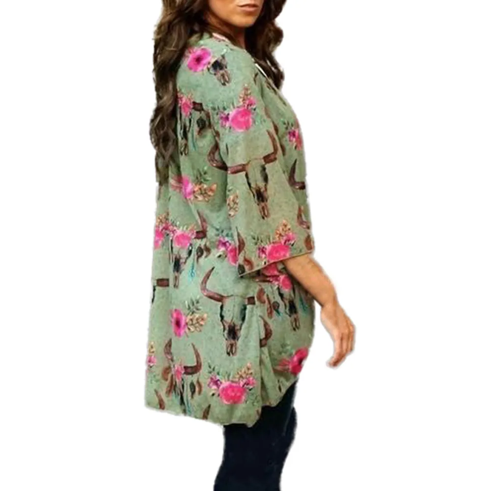 

Feitong Women Ox horn Print Coat Cardigan Suit Kimono Cover Fashion Smock Female Fashion Shirts Blouses Top Clothing blusas