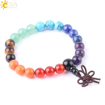 

CSJA 8mm Chakra Bracelets Colorful Natural Stone Reiki Healing Yoga Meditation Bangles Rhinestone Spacer Bead Elastic Rope F593