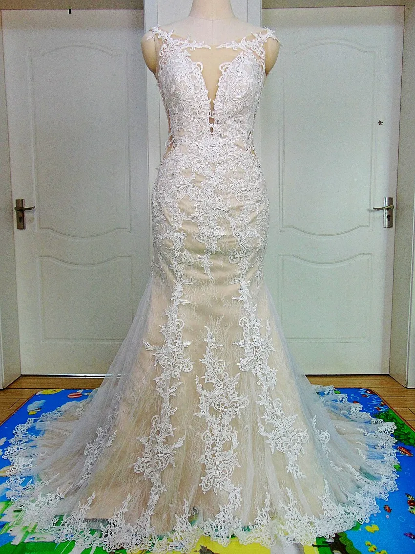 

Vestido de noiva Ivory Champagne Lace Mermaid Wedding Dresses Chapel Train Luxury Bride Dress