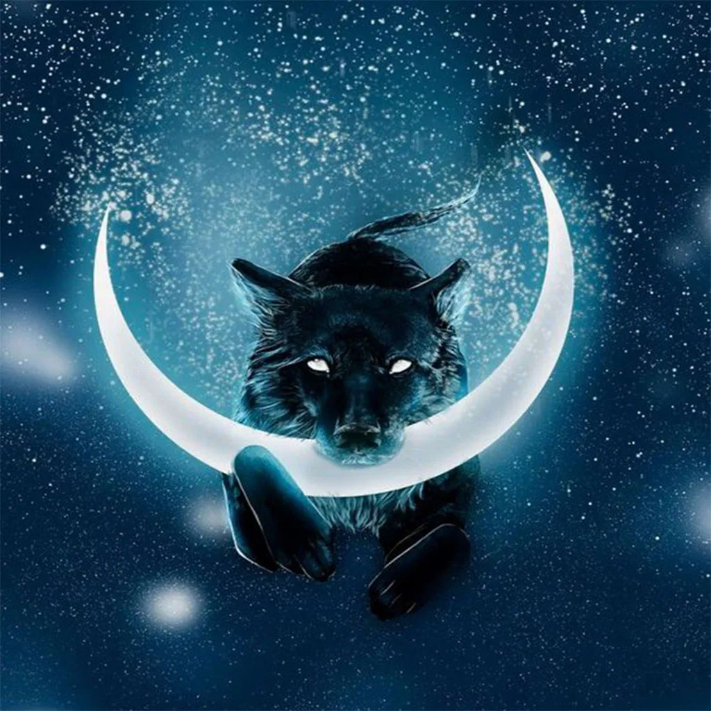 Волк пытающийся съесть луну. "Лунный кот". Космический кот. Волк и Луна. Животные ночью.