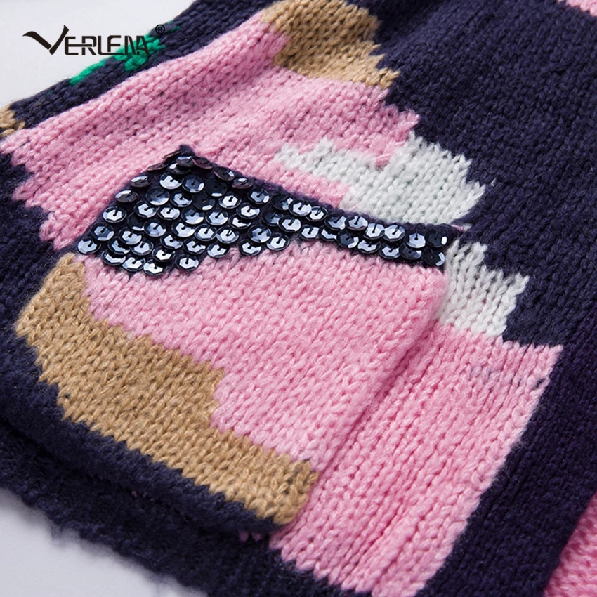 Verlena, новинка, теплый зимний шерстяной кашемировый кардиган, свитер для женщин, с блестками, цветной блок, в стиле пэчворк, вязаные свитера с 2 карманами
