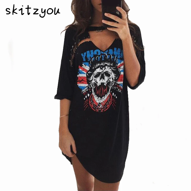Skitzyouプリントtシャツドレスパンク ロックスタイル夏の女性カジュアルミニグレードレスセクシーな黒vネックショートパーティードレスvestidos Dress Vestidos Shirt Dressshirt Style Dress Aliexpress