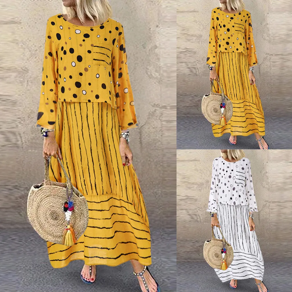 

Women Vintage Print Polka Dots Striped Fake Two-piece O-Neck Maxi Modis Dress Sundress Retro Collar Casual Vestidos De Verano#30