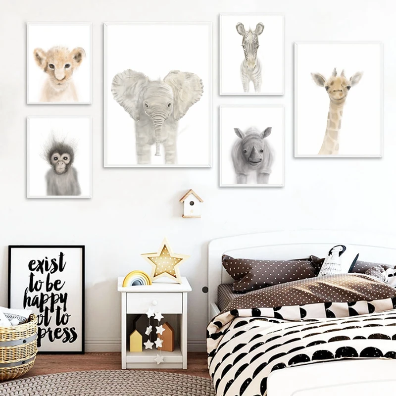 Watercolor Baby Animals Canvas Art Prints And Poster Lion Elephant Giraffe Monkey Painting Pictures Nursery Wall Decor Calligraphy Aliexpress Watercolor Baby Animals Canvas Art