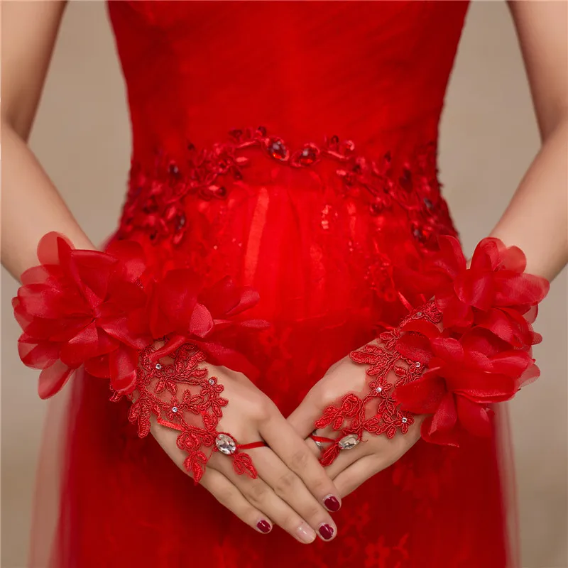 Kyunovia Стиль Элегантные красные и белые вечерние аксессуары для выпускного перчатки короткий дизайн цветочное украшение свадебные женские перчатки D79