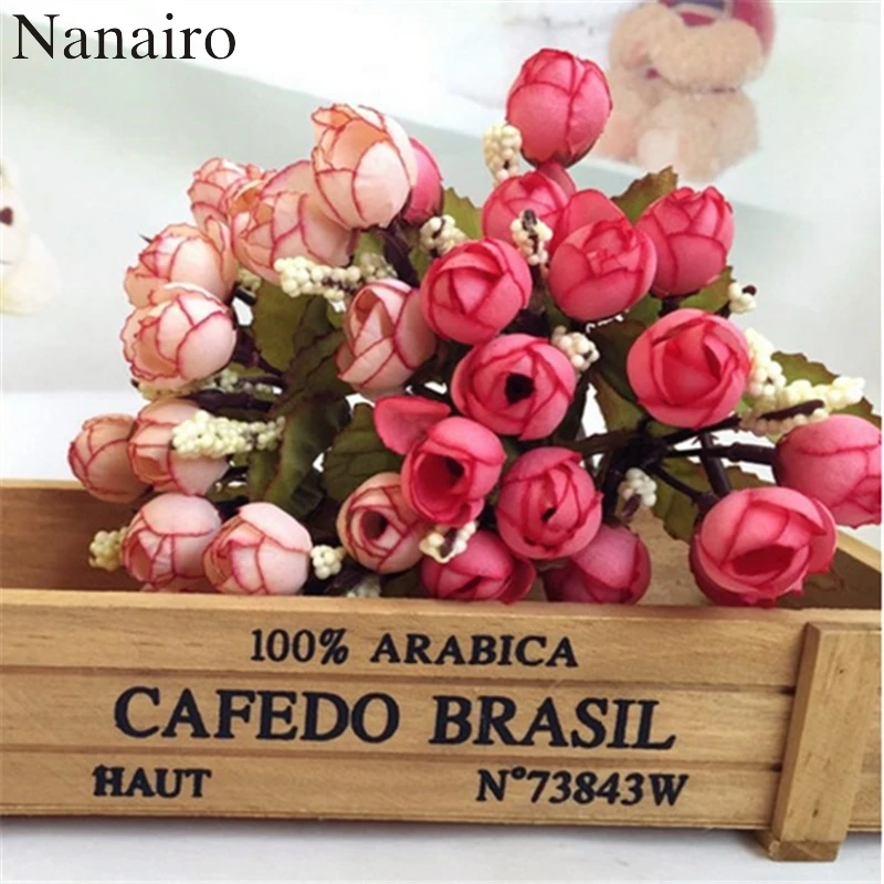 

1Bouquet/15 Heads Mini Silk Rose Artificial Flower Bouquet Wedding Decoration For DIY Handmake Scrapbooking Fake Bud Flowers