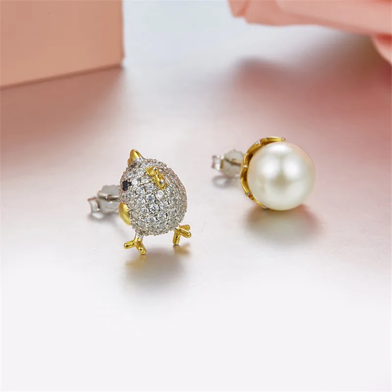 

Fancy Cute Chick Pearl Stud Ring For Women 2018 Autumn Monaco Brand New design 925 sterling silver Chicken Earrings Jewelry