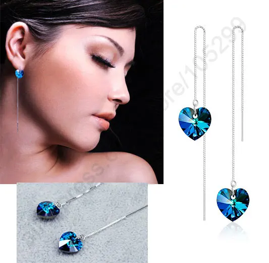 

Fast Shipping Genuine Real 925 Sterling Silver Jewelry 925 Ear Thread Ocean Heart Crystal Drop Earrings Elegant Women Gift