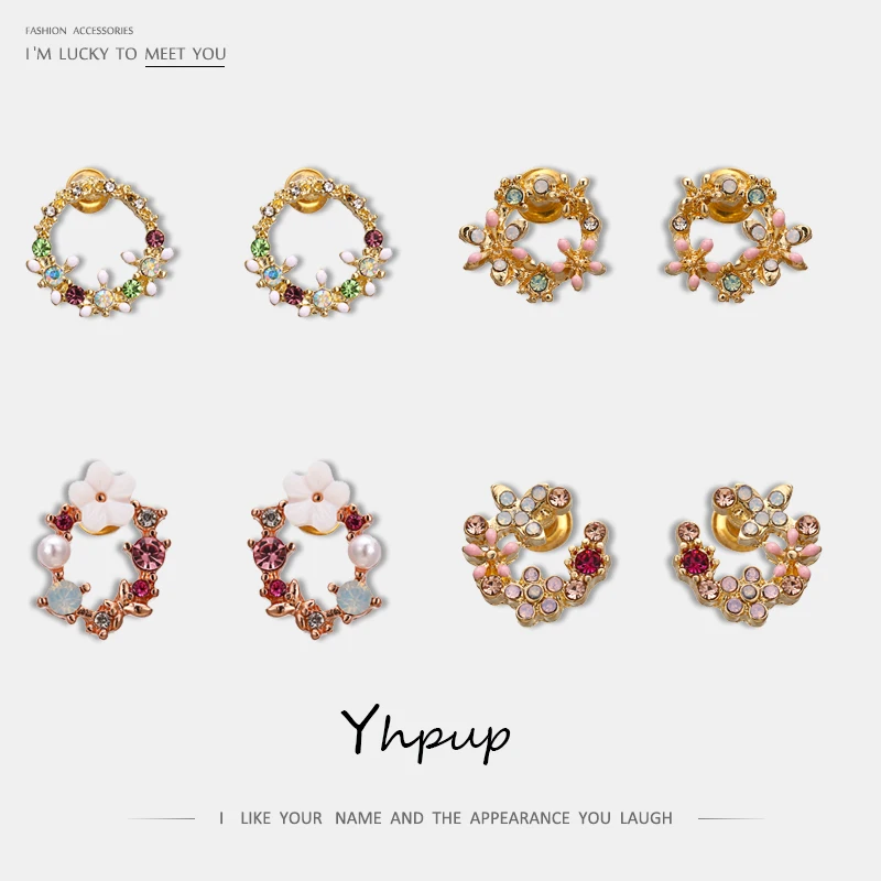 

Yhpup 5 Style Trendy Zinc Alloy Flower Exquisite Tiny Stud Earrings Rhinestone Crystal Brincos for Women Party Jewelry Gift New