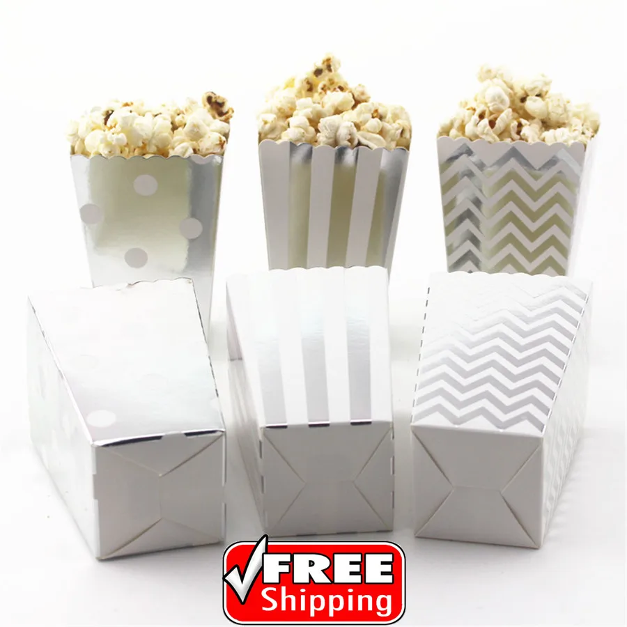 36pcs Mix 3 Designs Metallic Silver Foil Striped Polka Dot Chevron Paper Popcorn Boxes-Movie Night Party Favor Candy Snack Treat | Дом и сад