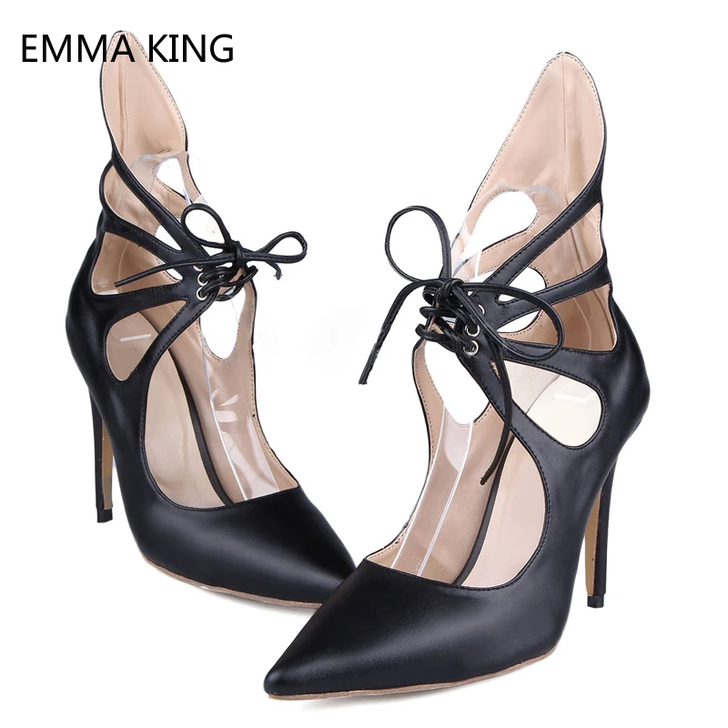 

Summer Lace Up Pumps Black Pointed Toe Soft Leather Stiletto Heels for Women Hollow Spring Fashion Party Dress Ladies Shoes