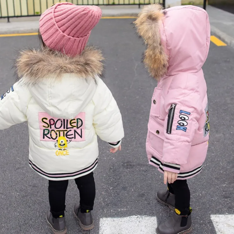 SFC-062 Winter Baby girls Long Jackets Cotton Snowsuit Coats warm thicken kids clothes outerwear coat with cartoon pattern