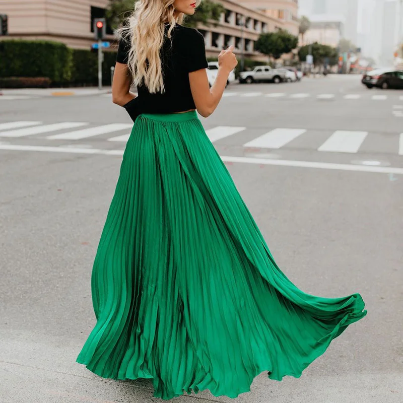 Holiday Style Pleated Women Skirts Ladies Solid Color Elastic High Waist Skirt Autumn Spring Casual Long Maxi Skirt Falda Larga