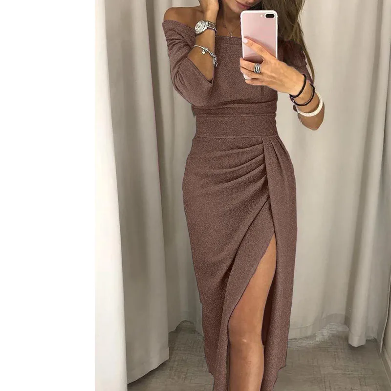 Zomerjurk dames Сверкающее Асимметричное Платье одно слово воротник элегантное женское платье longue femm vestidos de festa vestido fiesta mujer
