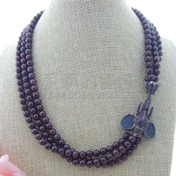 

N101608 19'' 3 Strands Natural 6mm Garnet Necklace CZ Pendant